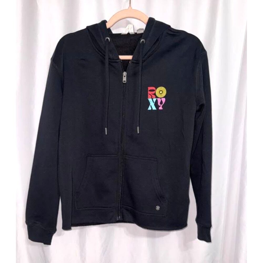 ROXY Black Zip Hoodie Medium NWOT Retro Surf Beach Graphic Festival Streetwear
